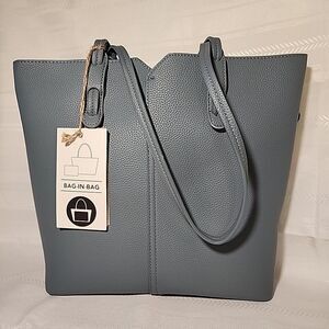 Antik Kraft Vegan Leather Bag-in-Bag Tote Shoulder Handbag Pebbled Blue NEW